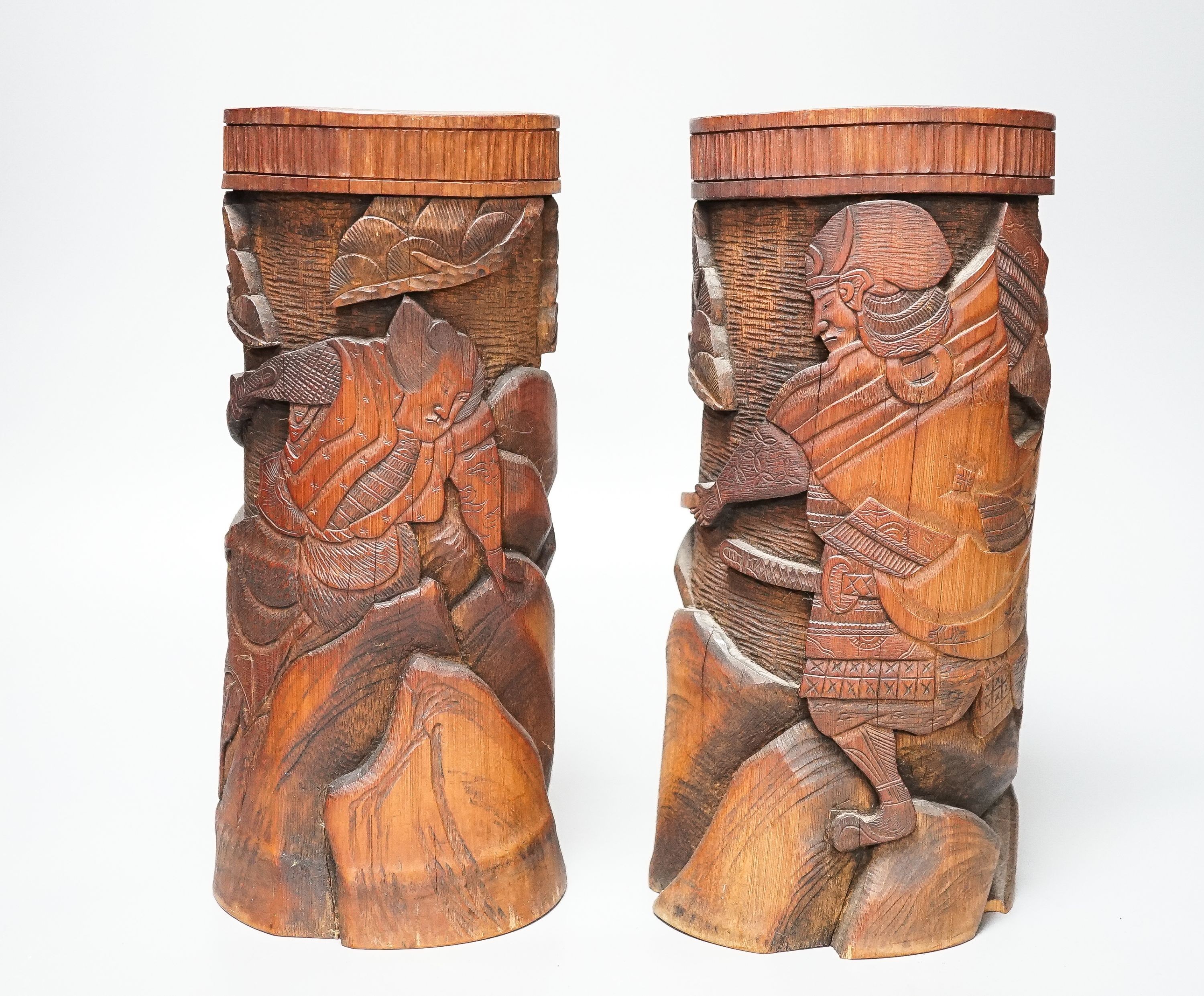 A pair of Japanese carved bamboo brushpots 27cm, carved with figures of samurai